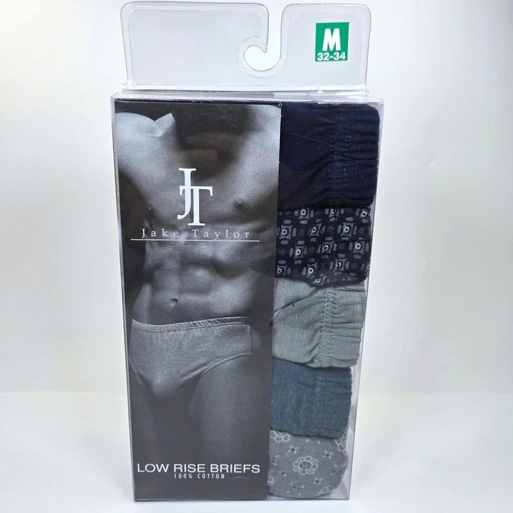 Vtg Jake Taylor Mens 5 Pack Low Rise Briefs 100% Cotton Blue Grey Prints M 32-34